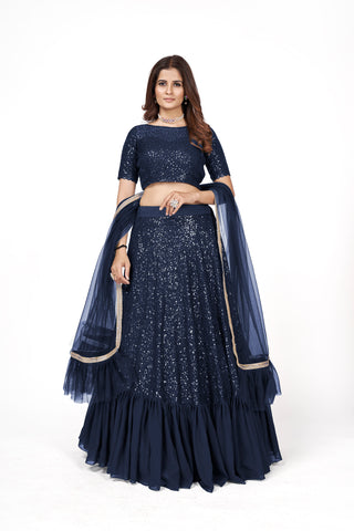 Dark Blue Georgette Multi Sequins Embroidered Lehenga Choli Set with Soft Net Dupatta