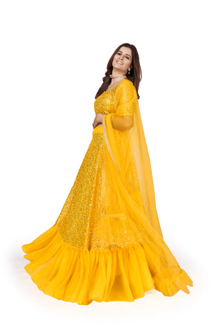 Yellow Georgette Multi Sequins Embroidered Lehenga Choli Set with Soft Net Dupatta