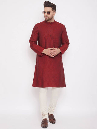 Red Woven Design Cotton Men's Kurta