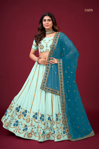 Sky Blue Faux Georgette Zari, Thread & Sequins Embroidered Lehenga Choli Set with Dupatta