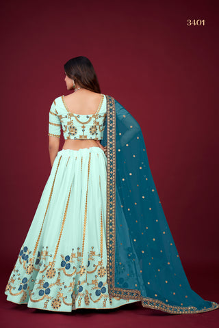 Sky Blue Faux Georgette Zari, Thread & Sequins Embroidered Lehenga Choli Set with Dupatta