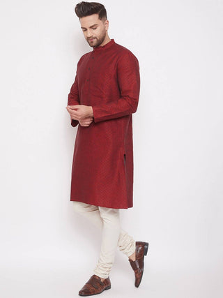 Red Woven Design Cotton Men's Kurta