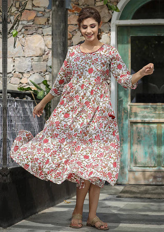 Red Floral Print Cotton Ethnic Dress