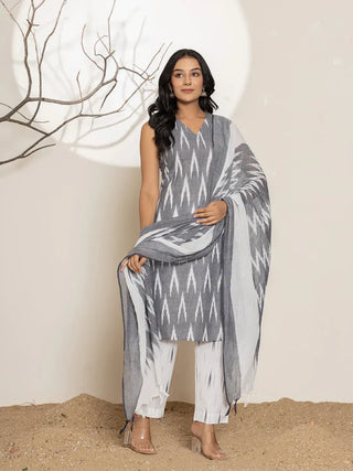 Grey Cotton Ikat Print Suit Set with Dupatta