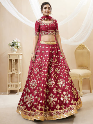 Red Art Silk Embroidered Lehenga Choli Set with Soft Net Dupatta