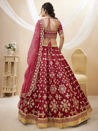 Red Art Silk Embroidered Lehenga Choli Set with Soft Net Dupatta