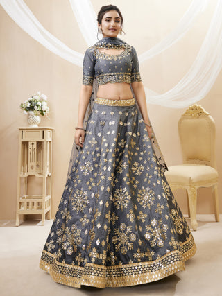 Grey Art Silk Embroidered Lehenga Choli Set with Soft Net Dupatta