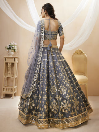 Grey Art Silk Embroidered Lehenga Choli Set with Soft Net Dupatta