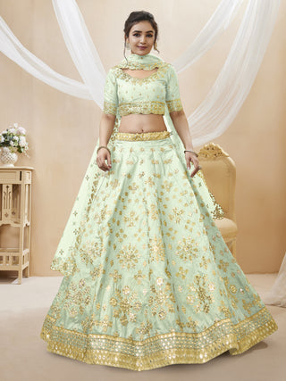 Pista Green Art Silk Embroidered Lehenga Choli Set with Soft Net Dupatta