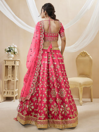 Pink Art Silk Embroidered Lehenga Choli Set with Soft Net Dupatta