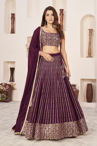 Wine Georgette Sequins & Zari Detailing Lehenga Choli Set