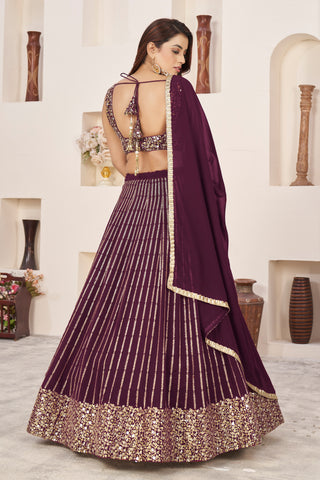 Wine Georgette Sequins & Zari Detailing Lehenga Choli Set