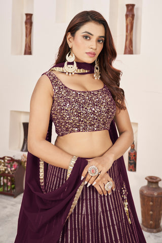 Wine Georgette Sequins & Zari Detailing Lehenga Choli Set