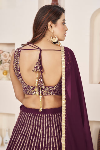 Wine Georgette Sequins & Zari Detailing Lehenga Choli Set