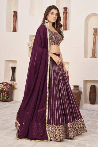 Wine Georgette Sequins & Zari Detailing Lehenga Choli Set