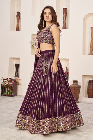 Wine Georgette Sequins & Zari Detailing Lehenga Choli Set