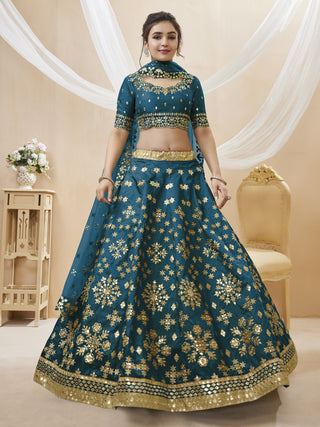 Blue Art Silk Embroidered Lehenga Choli Set with Soft Net Dupatta