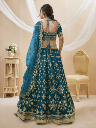 Blue Art Silk Embroidered Lehenga Choli Set with Soft Net Dupatta