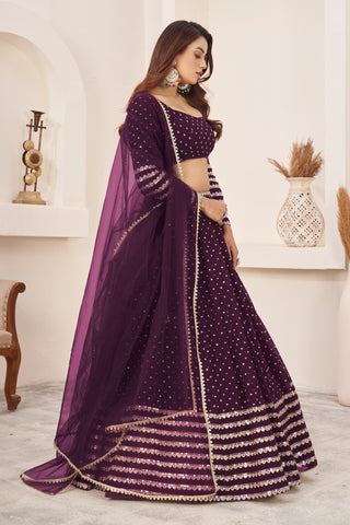 Purple Georgette Sequins & Zari Detailing Lehenga Choli Set