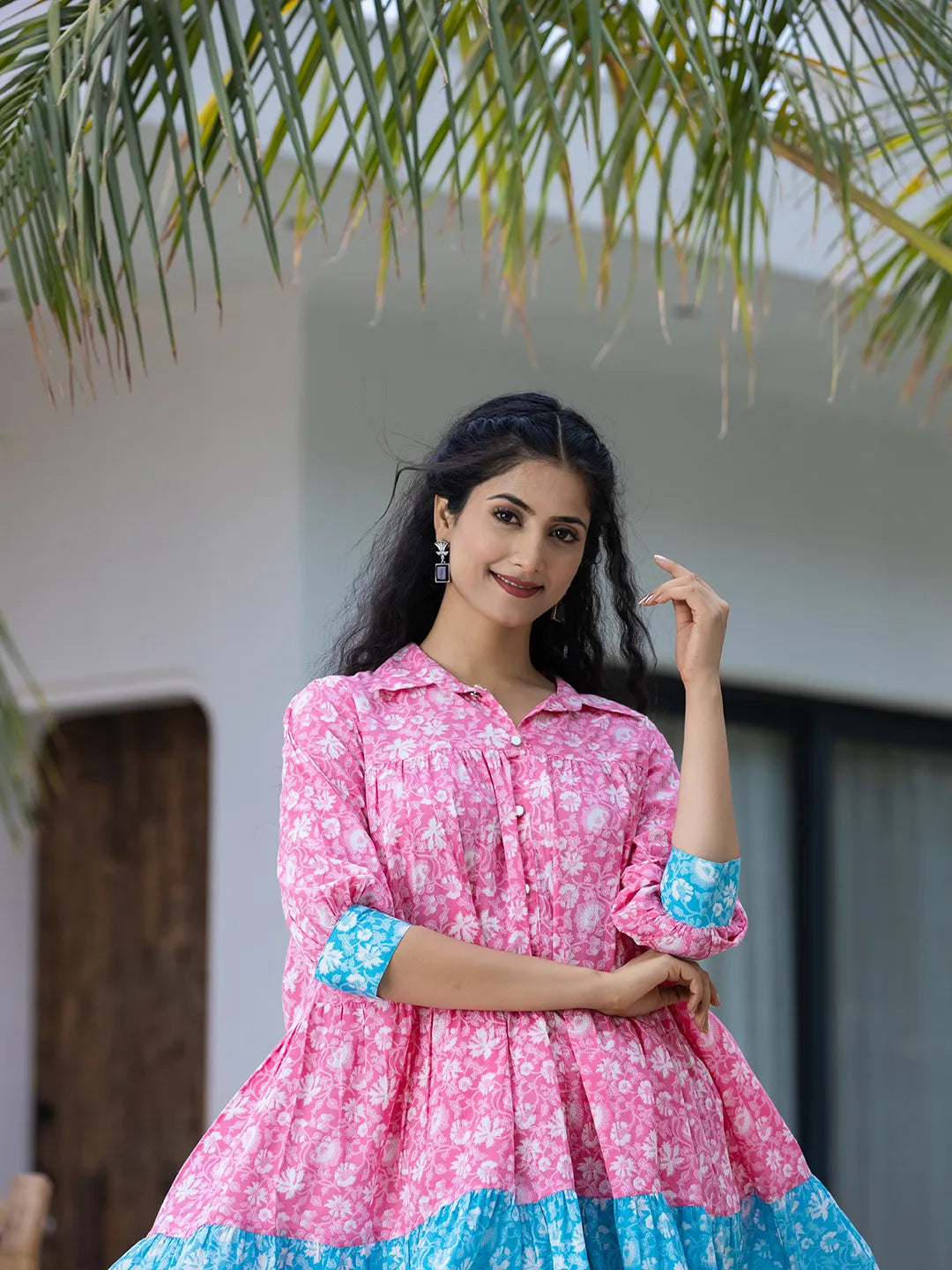 Partywear Gowns Online USA | Pink & Sky Blue Cotton Floral Print Color Blocking Dress Ria Fashions Partywear Gowns Online USA | Pink & Sky Blue Cotton Floral Print Color Blocking Dress Ria Fashions