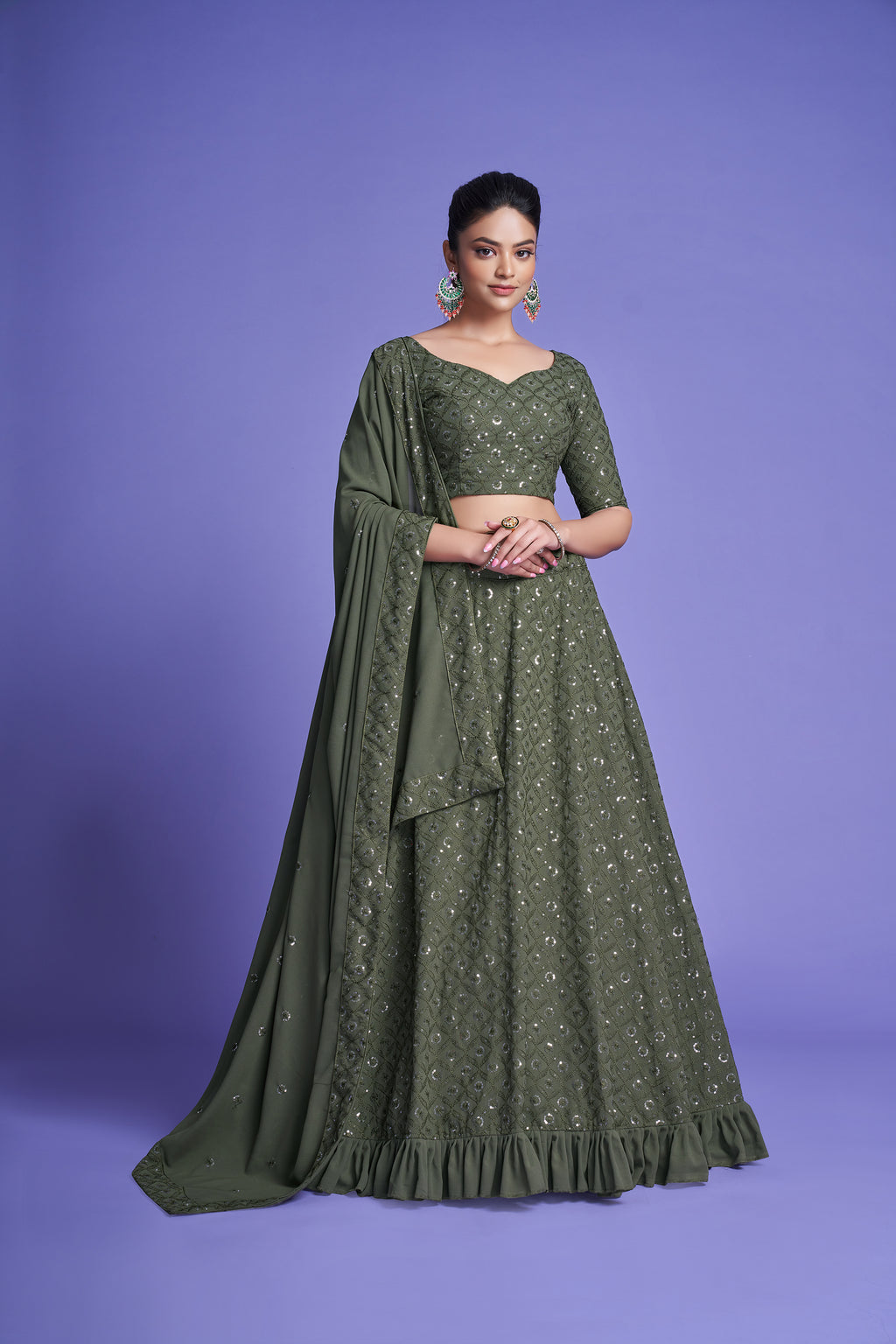Green Diamond Georgette Thread & Sequins Embroidered Lehenga Choli Set with Dupatta