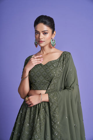 Green Diamond Georgette Thread & Sequins Embroidered Lehenga Choli Set with Dupatta