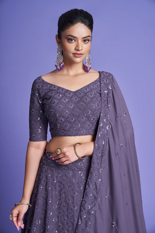Mauve Purple Diamond Georgette Thread & Sequins Embroidered Lehenga Choli Set with Dupatta