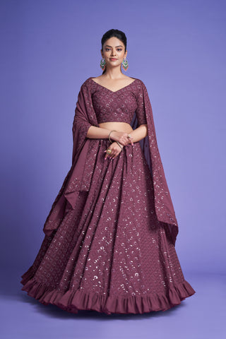 Brown Diamond Georgette Thread & Sequins Embroidered Lehenga Choli Set with Dupatta