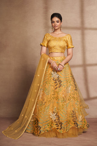 Yellow Organza Digital Print & Sequins Embroidery Work Lehenga with Silk Blouse and Net Dupatta