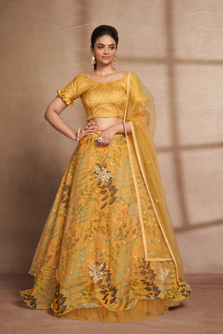 Yellow Organza Digital Print & Sequins Embroidery Work Lehenga with Silk Blouse and Net Dupatta