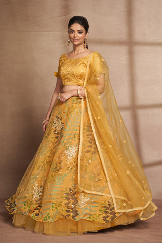 Yellow Organza Digital Print & Sequins Embroidery Work Lehenga with Silk Blouse and Net Dupatta