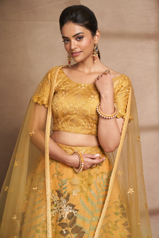 Yellow Organza Digital Print & Sequins Embroidery Work Lehenga with Silk Blouse and Net Dupatta