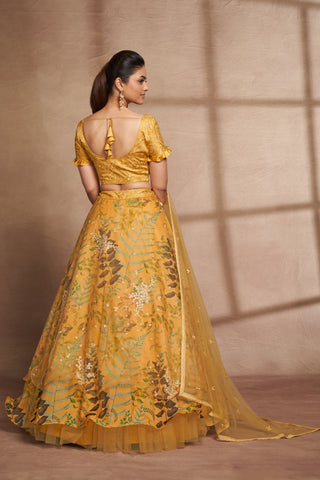 Yellow Organza Digital Print & Sequins Embroidery Work Lehenga with Silk Blouse and Net Dupatta