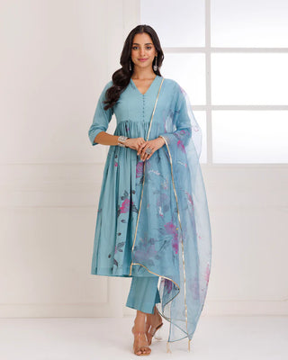 Aqua Blue Organza Hand Painted Suit Set with Dupatta