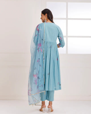 Aqua Blue Organza Hand Painted Suit Set with Dupatta