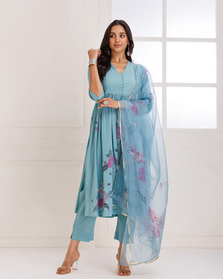 Aqua Blue Organza Hand Painted Suit Set with Dupatta