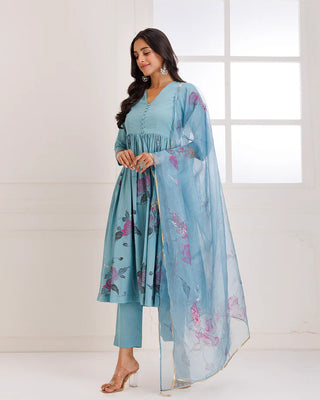 Aqua Blue Organza Hand Painted Suit Set with Dupatta