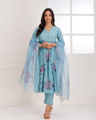 Aqua Blue Organza Hand Painted Suit Set with Dupatta