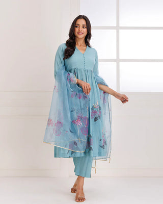 Aqua Blue Organza Hand Painted Suit Set with Dupatta