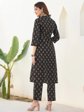 Black Cotton Floral Print Kurta Pant Set