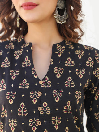 Black Cotton Floral Print Kurta Pant Set