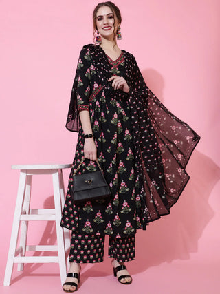 Black Cotton Anarkali Style Printed Suit Set with Dupatta