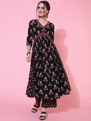 Black Cotton Anarkali Style Printed Suit Set with Dupatta