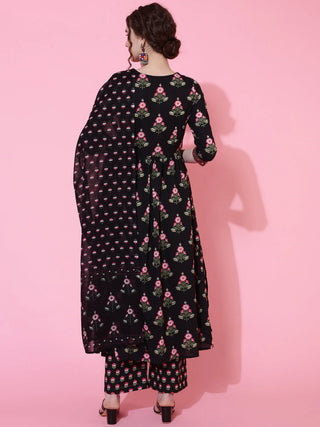 Black Cotton Anarkali Style Printed Suit Set with Dupatta