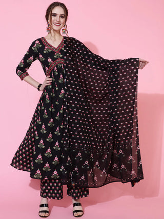 Black Cotton Anarkali Style Printed Suit Set with Dupatta