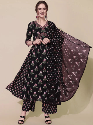 Black Cotton Anarkali Style Printed Suit Set with Dupatta
