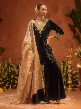 Black Velvet Embroidered Suit Set with Dupatta