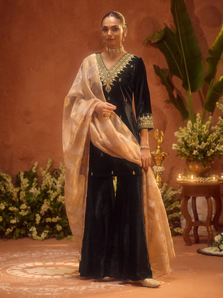 Black Velvet Embroidered Suit Set with Dupatta
