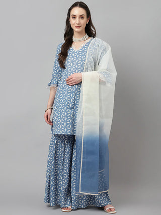 Blue Cotton Printed Sharara Set with Organza Dupatta