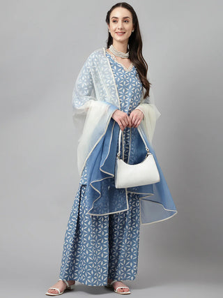 Blue Cotton Printed Sharara Set with Organza Dupatta